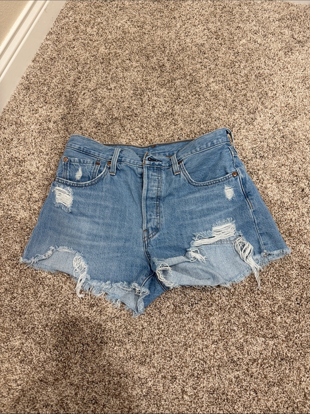 Levi's Light Blue Distressed High-Rise Denim Shorts